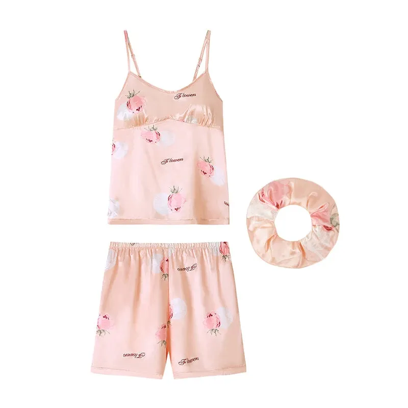 Loose M-4XL Women silk Suspenders Suit   Headband Sleepwear Ladies Pajama Sets With Chest Pad Floral Homewear