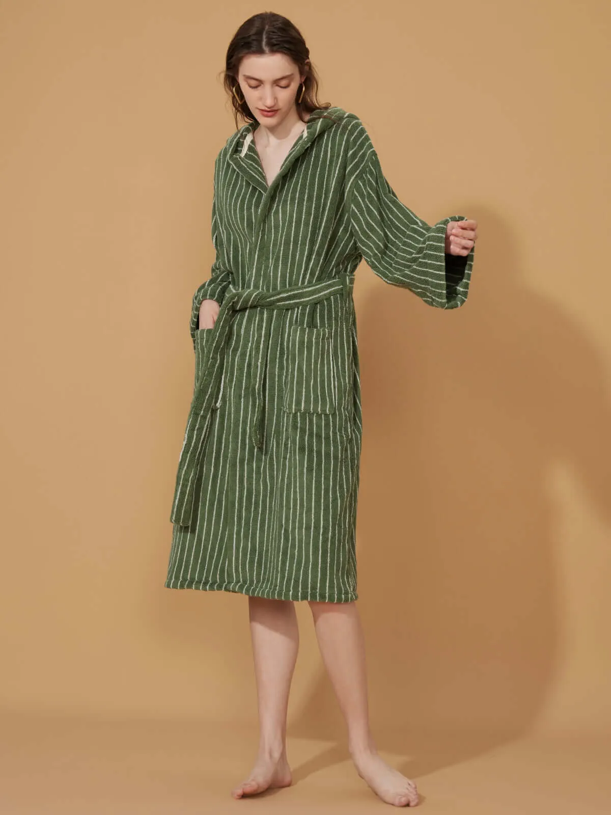 Organic Cotton Striped Bathrobe Green