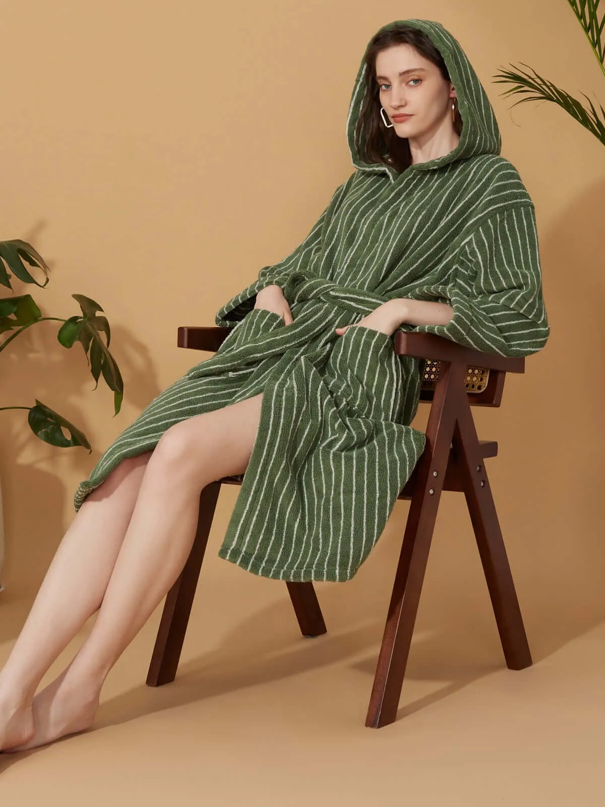 Organic Cotton Striped Bathrobe Green