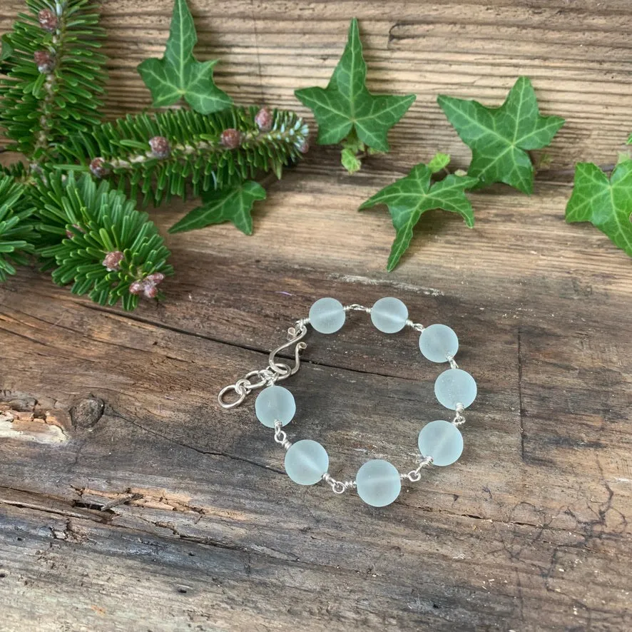 Pale blue, frosted glass and Sterling silver bracelet