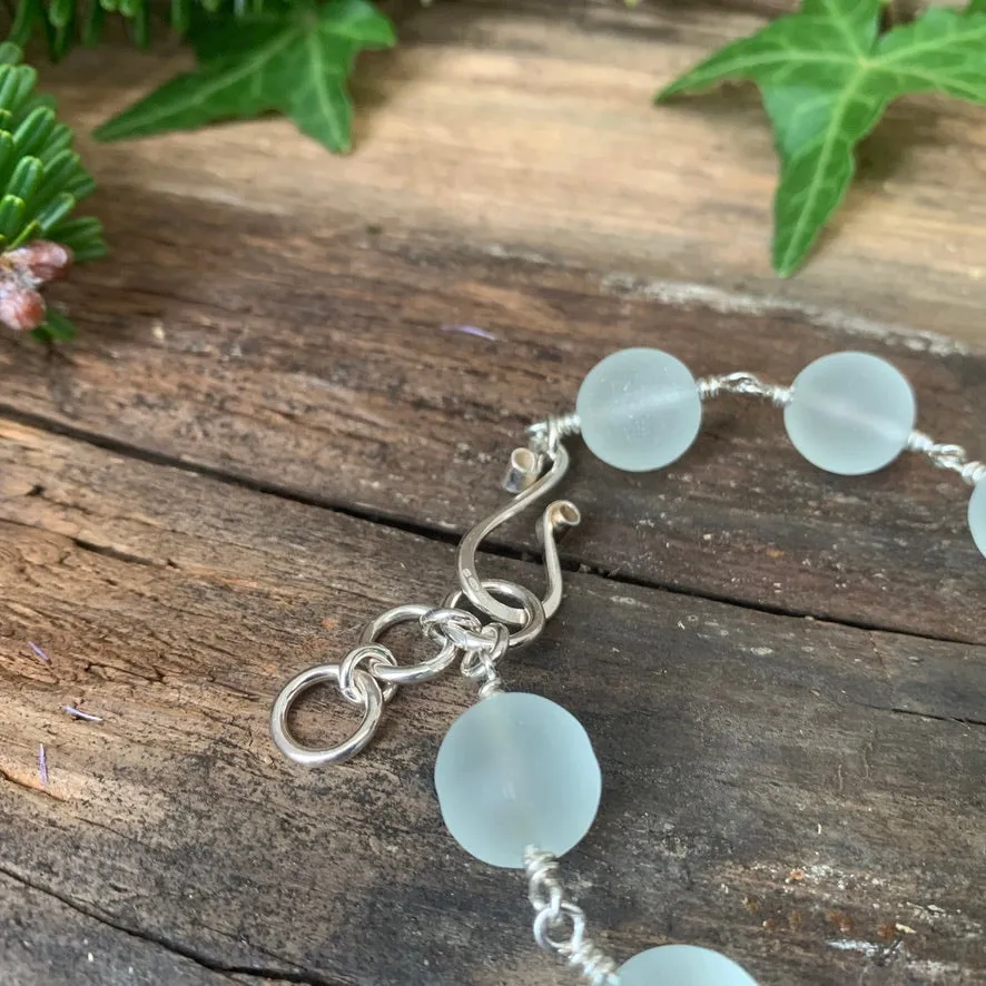 Pale blue, frosted glass and Sterling silver bracelet