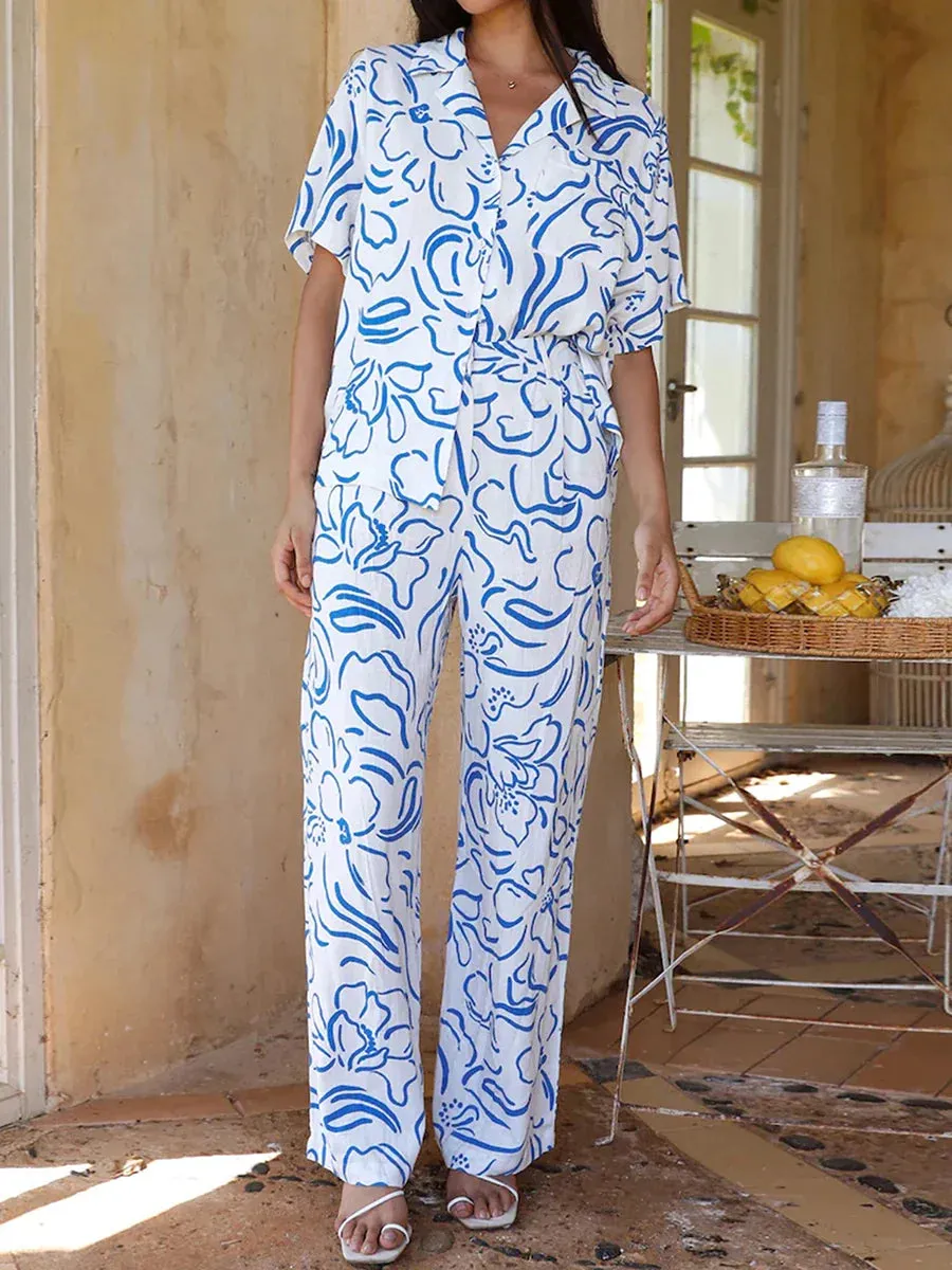 Pattern Print Shirt Tops Wide Leg Pants Streetwear Blue Casual Pajamas