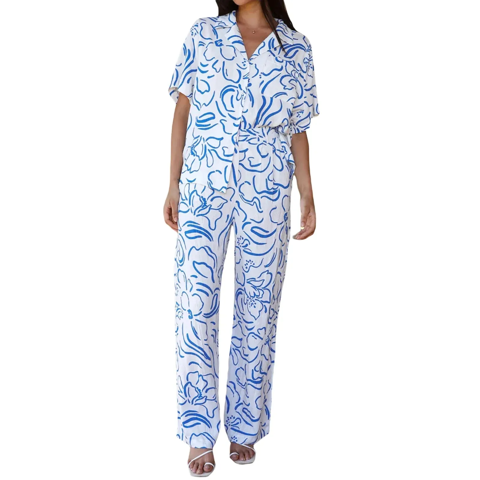 Pattern Print Shirt Tops Wide Leg Pants Streetwear Blue Casual Pajamas