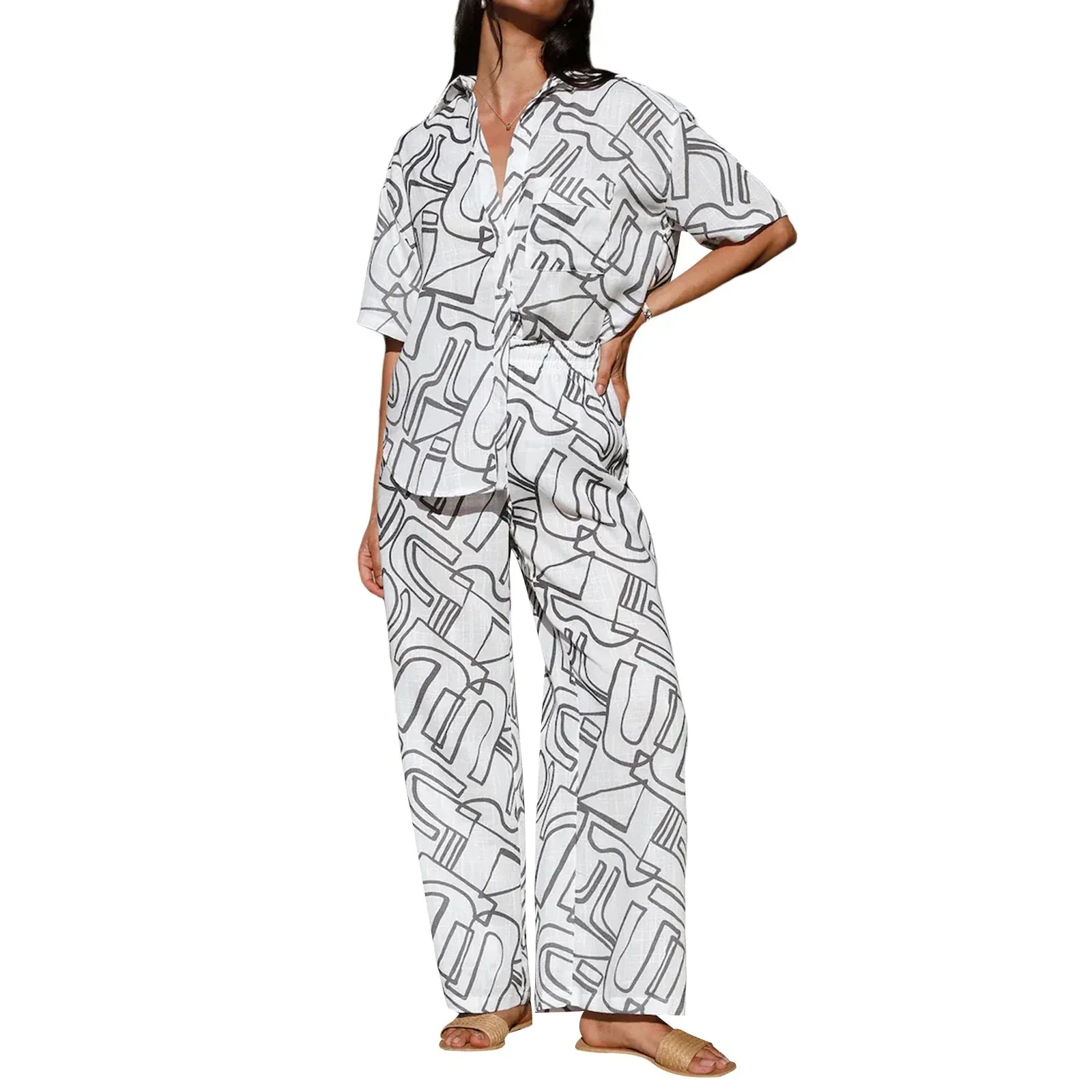 Pattern Print Shirt Tops Wide Leg Pants Streetwear Blue Casual Pajamas