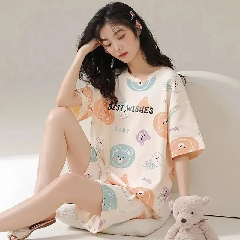 Plus Size Womens Pajamas M-5XL Summer Shorts Sleepwear Leisure Womans New Big Size Ladies Cute Cartoon Printing Pyjama Home Suit