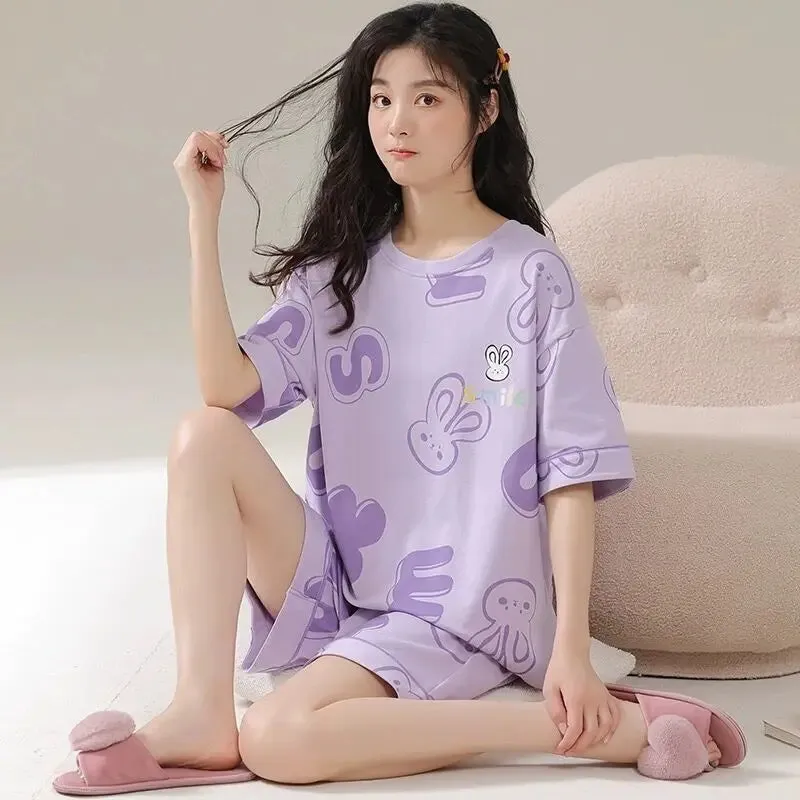 Plus Size Womens Pajamas M-5XL Summer Shorts Sleepwear Leisure Womans New Big Size Ladies Cute Cartoon Printing Pyjama Home Suit