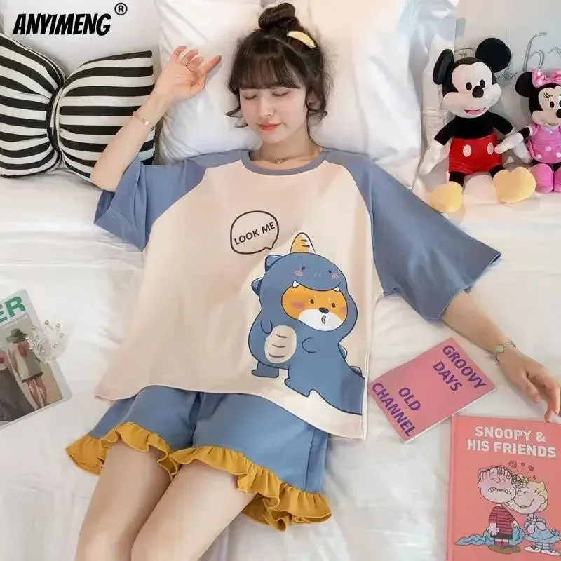 Plus Size Womens Pajamas M-5XL Summer Shorts Sleepwear Leisure Womans New Big Size Ladies Cute Cartoon Printing Pyjama Home Suit