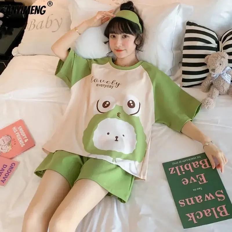 Plus Size Womens Pajamas M-5XL Summer Shorts Sleepwear Leisure Womans New Big Size Ladies Cute Cartoon Printing Pyjama Home Suit