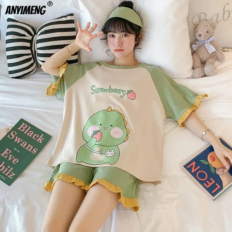 Plus Size Womens Pajamas M-5XL Summer Shorts Sleepwear Leisure Womans New Big Size Ladies Cute Cartoon Printing Pyjama Home Suit