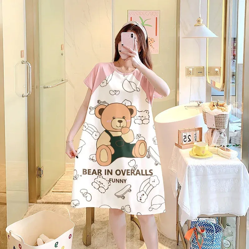 Pregnant Women's Clothing New Summer Women's Nightgown Loose Cute Short-Sleeved Milk Silk Cartoon Thin Of Home Wear Pajamas