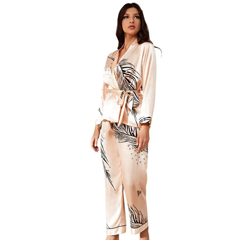 Print Fashion Ice Silk Pajamas Women's 2023 New Long Sleeved Set Fashion Pyjamas