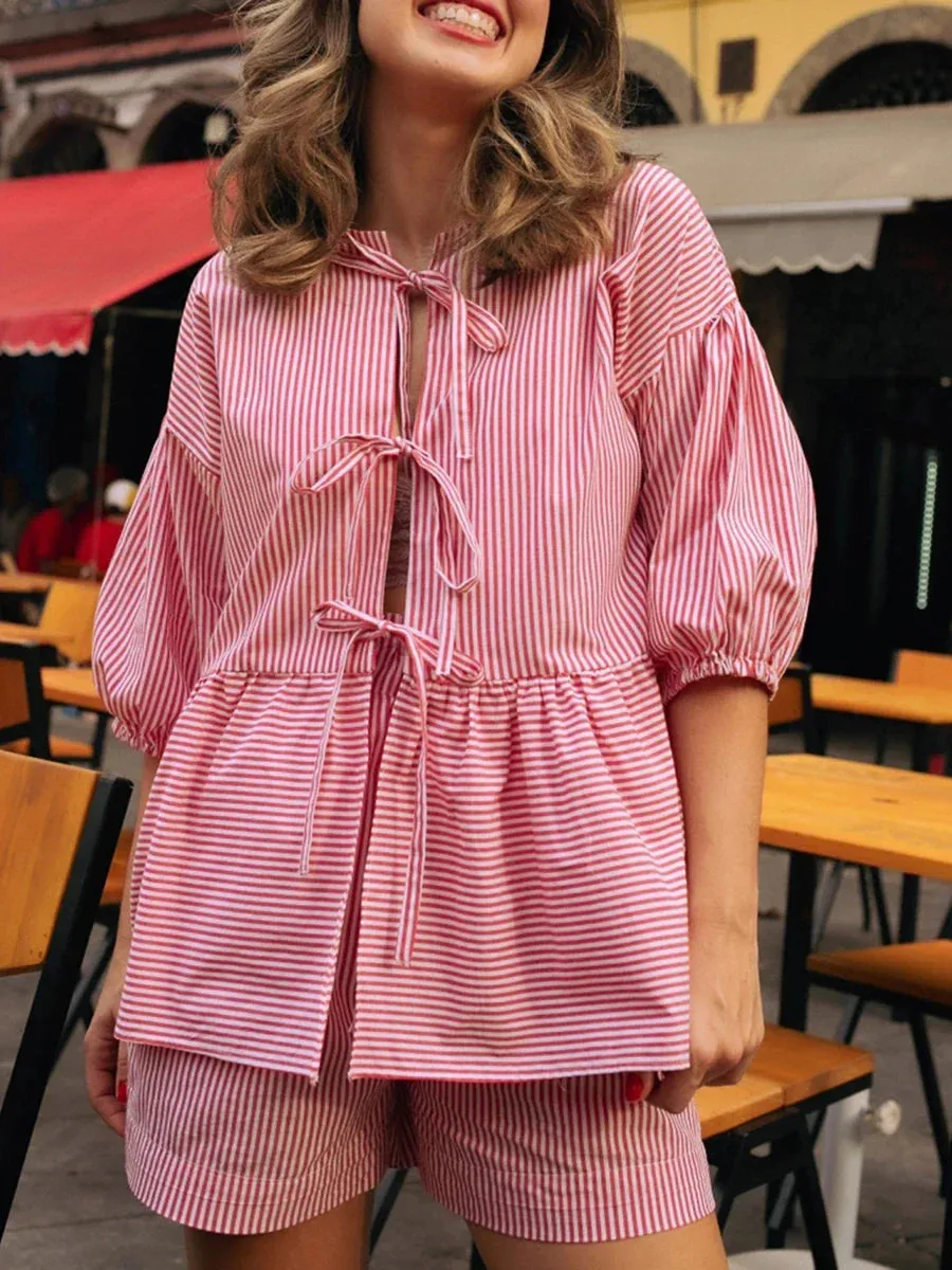 Print Tie Front Short Sleeves Tops Elastic Shorts Chic Plaid/Stripe Pajamas