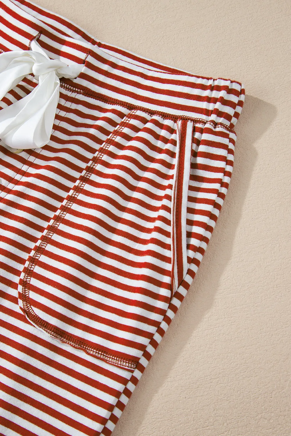 Red Stripe Buttoned V Neck Top and Knotted Waist Pants Pajama Set