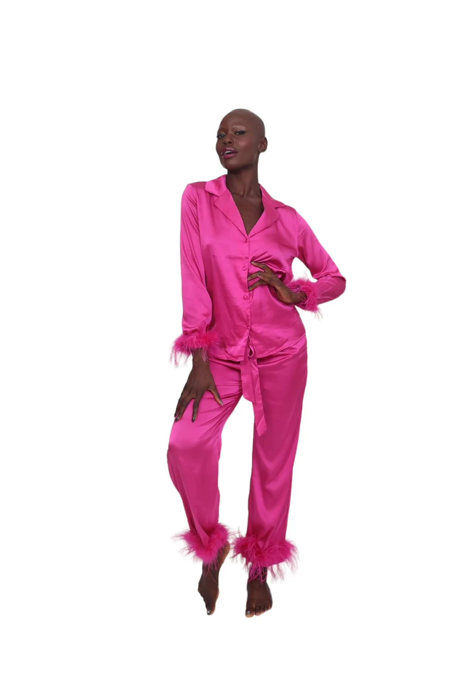 Satin and Feather Pajama Top - Magenta