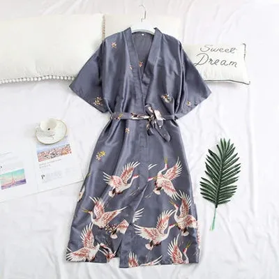 Sexy mousse silk robe retro printed short-sleeved pajamas nightdress fashion casual home dressing gown sleepwear nightwear sloth