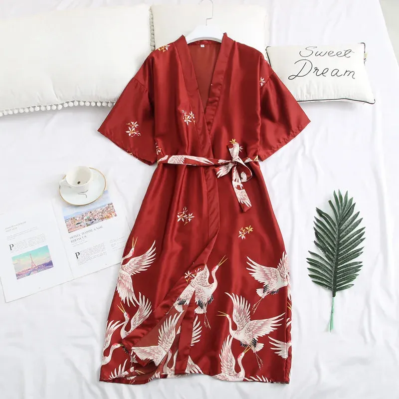 Sexy mousse silk robe retro printed short-sleeved pajamas nightdress fashion casual home dressing gown sleepwear nightwear sloth