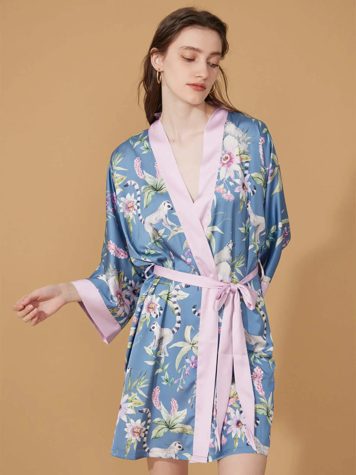 Short Kimono Robe Blue Forest