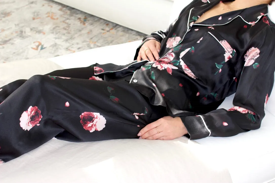 Silk Charmeuse PJ Pants: Black Rose Print