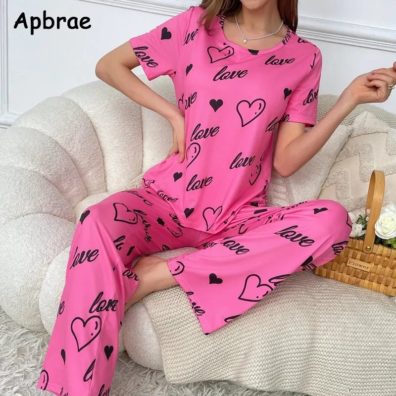 Spring Summer Pajamas for Women Heart Print Pijamas Soft Woman Sleepwear Fashion Short Sleeves Long Pants Girl Pajama Set