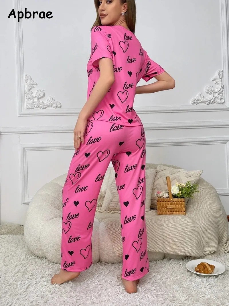 Spring Summer Pajamas for Women Heart Print Pijamas Soft Woman Sleepwear Fashion Short Sleeves Long Pants Girl Pajama Set