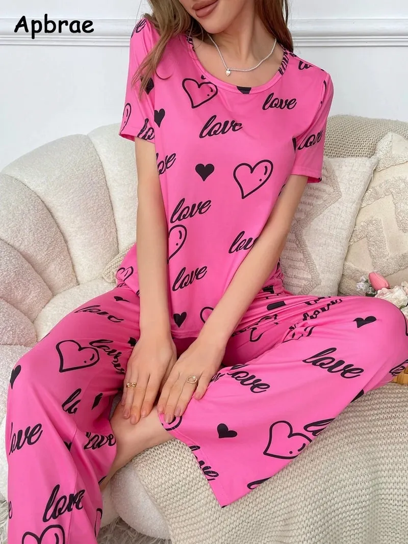 Spring Summer Pajamas for Women Heart Print Pijamas Soft Woman Sleepwear Fashion Short Sleeves Long Pants Girl Pajama Set