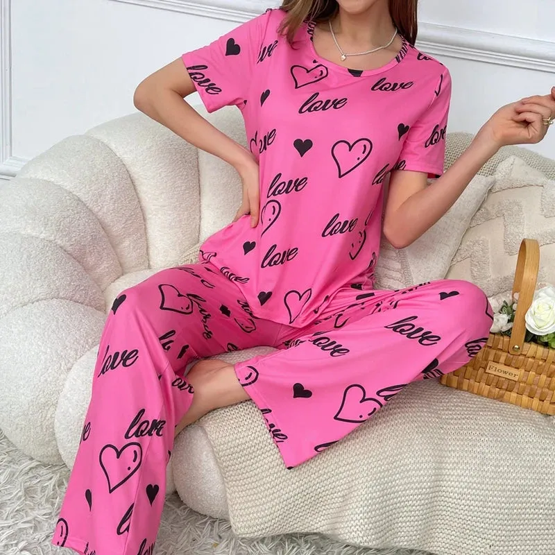 Spring Summer Pajamas for Women Heart Print Pijamas Soft Woman Sleepwear Fashion Short Sleeves Long Pants Girl Pajama Set