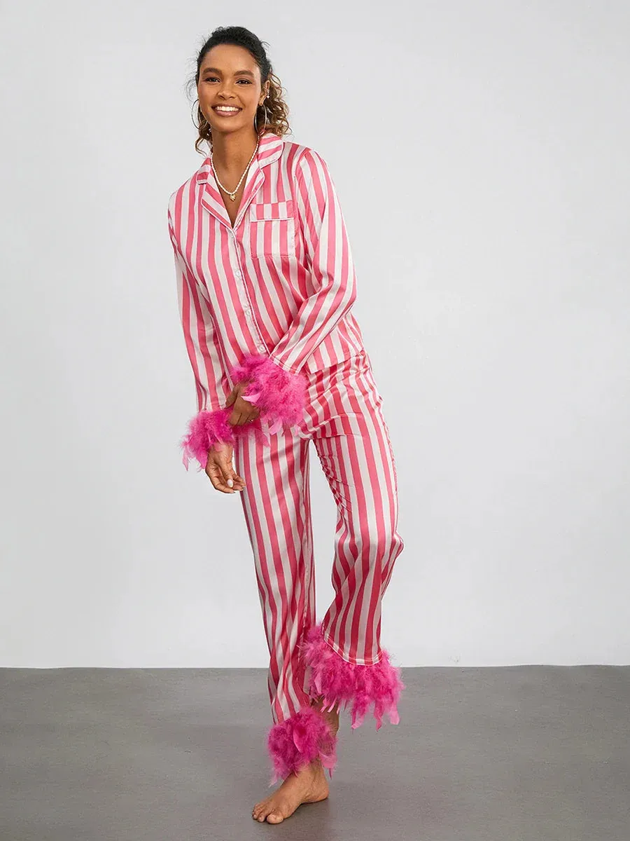 Striped Silk Long Sleeve Button Down Loose Sleepwear Loungewear Satin Pajamas