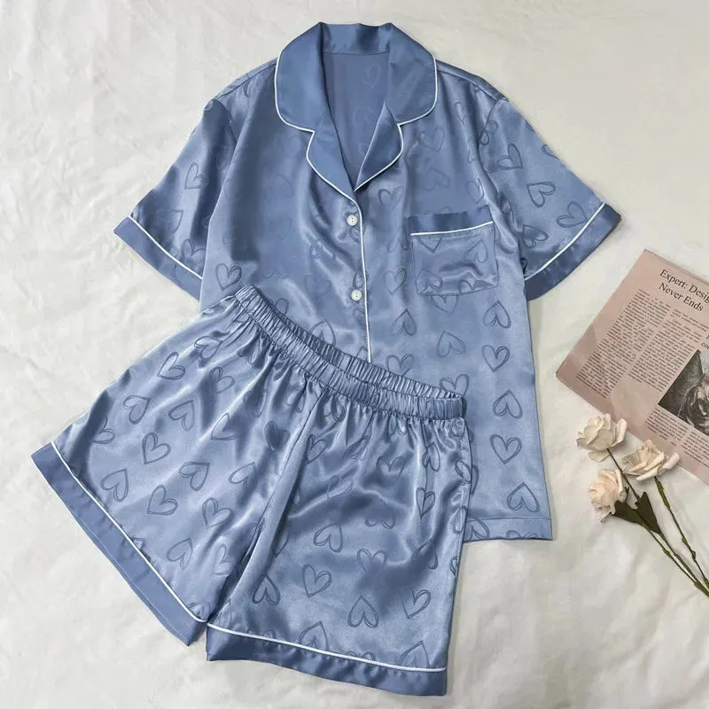 Summer Satin Silk Pajamas Women Short Sleeves Shorts Fresh Love Heart Printing Thin Casual Sleepwear Suit Homewear Pyjamas Girl