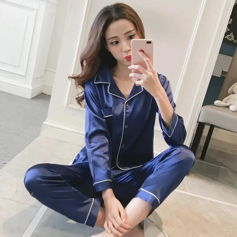 Womens Silk Satin Pajamas Set Sleepwear Pijama Women's Loungewear Pajamas Suit Female Sleep Two Piece Set Feminino Fofo Pyjamas