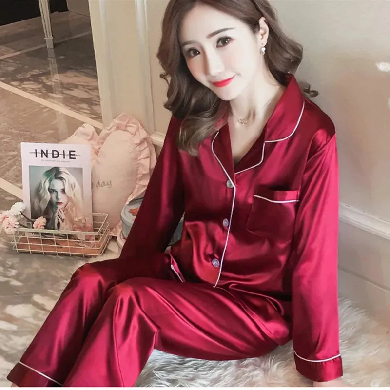 Womens Silk Satin Pajamas Set Sleepwear Pijama Women's Loungewear Pajamas Suit Female Sleep Two Piece Set Feminino Fofo Pyjamas