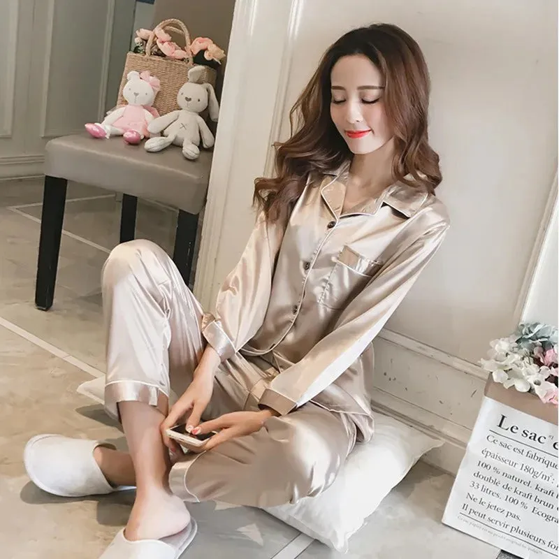 Womens Silk Satin Pajamas Set Sleepwear Pijama Women's Loungewear Pajamas Suit Female Sleep Two Piece Set Feminino Fofo Pyjamas