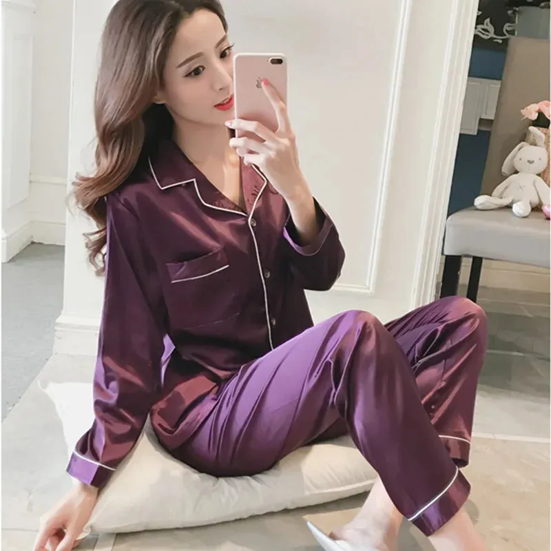 Womens Silk Satin Pajamas Set Sleepwear Pijama Women's Loungewear Pajamas Suit Female Sleep Two Piece Set Feminino Fofo Pyjamas